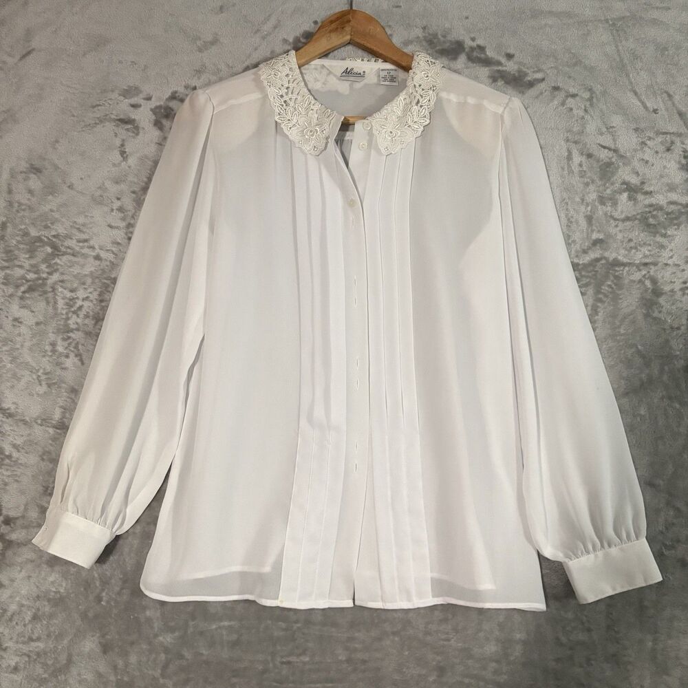 Alicia Blouse 12 White Sheer Pleated Crochet Lace Collar VTG Coquette Grandma